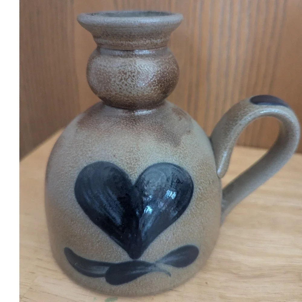 Rowe Pottery Works Salt Glazed Stoneware Heart Candlestick Chamber Handled 5